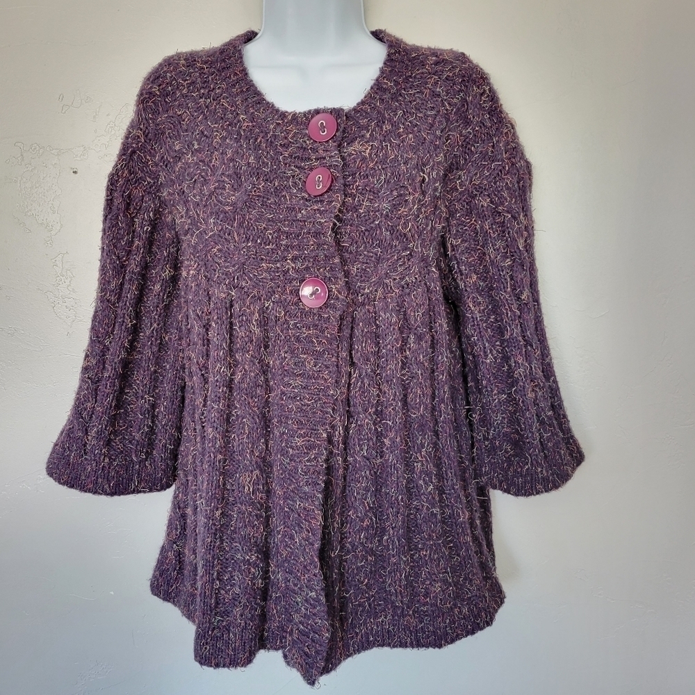 Dressbarn Woman 14/16 Purple Quarter Sleeve Cardigan Wool Blend Colorful Eyelash